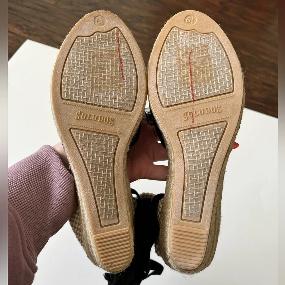 Soludos Lyon Espadrille Wedge Sandals Lace Ankle Black and Tan Size 6.5